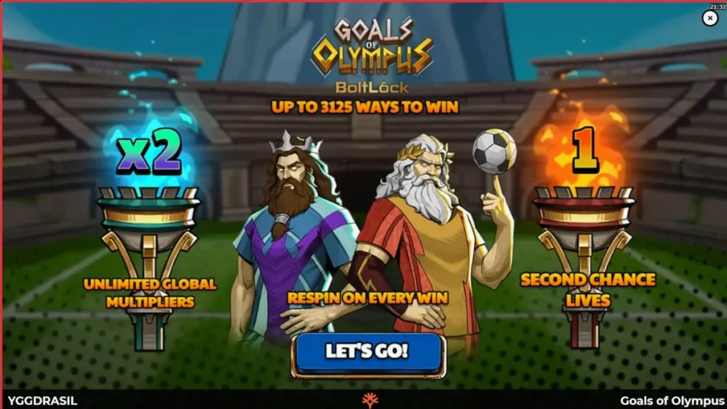 Goals of Olympus BoltLock سلاٹ کا انٹرفیس جس میں فٹ بال اور یونانی دیومالائی تھیم نمایاں ہے۔
