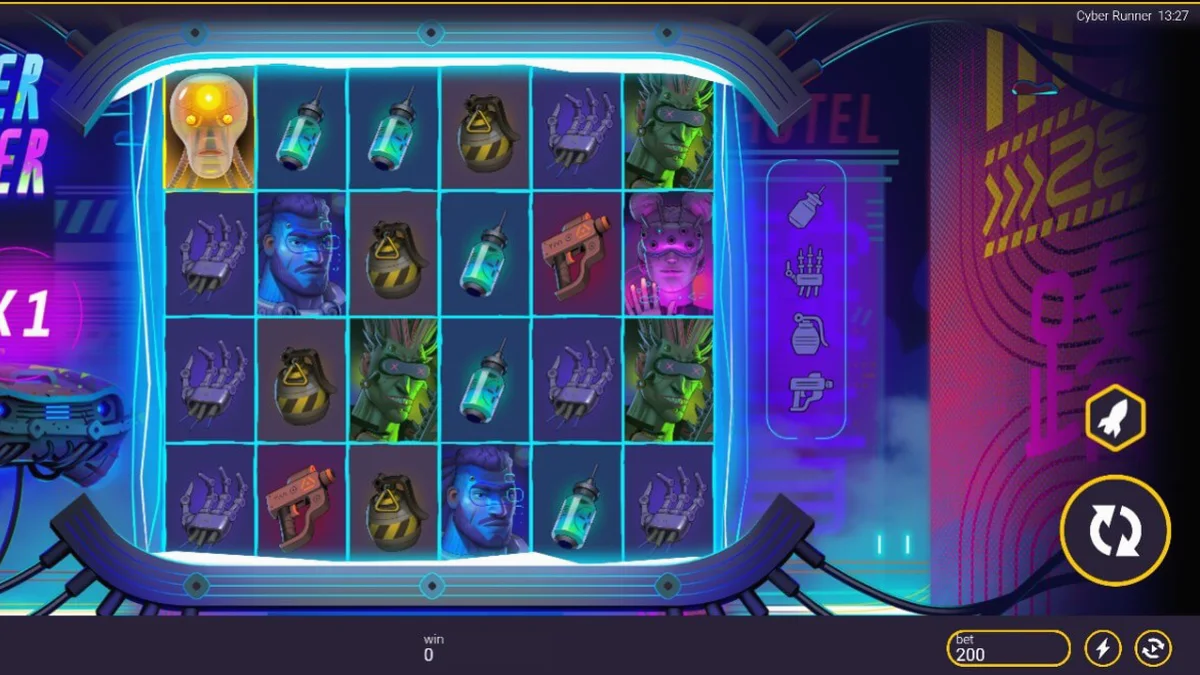 Cyber Runner slot mobile interface showing neon cyberpunk graphics